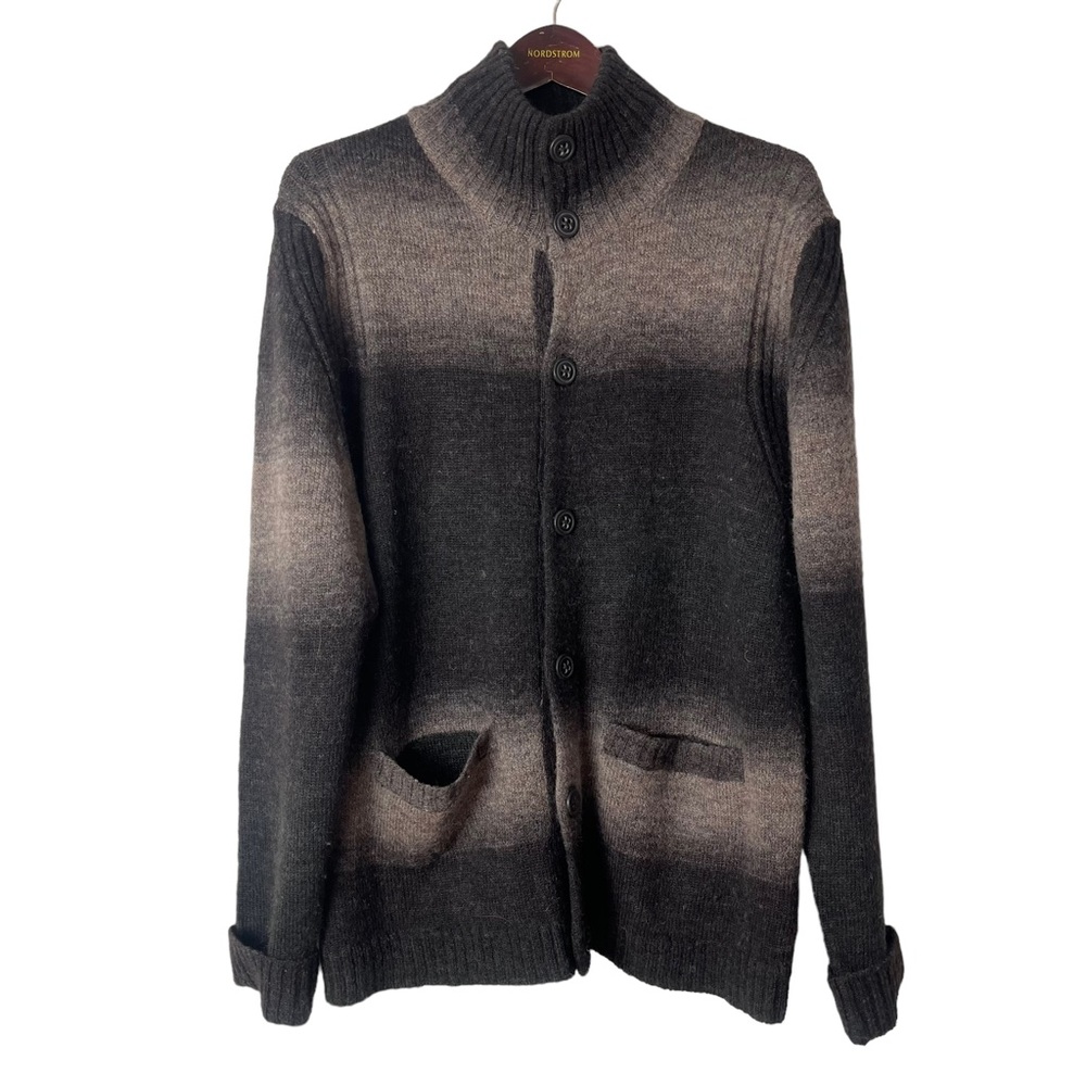 NSF Men’s Gray Ombré Knit Cardigan Size L Button Mock Neck Cozy Winter Travel